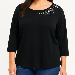 Quacker Factory T-Shirt Top Black Rhinestone 3/4 Sleeve Womens 3X Round Neck NWT